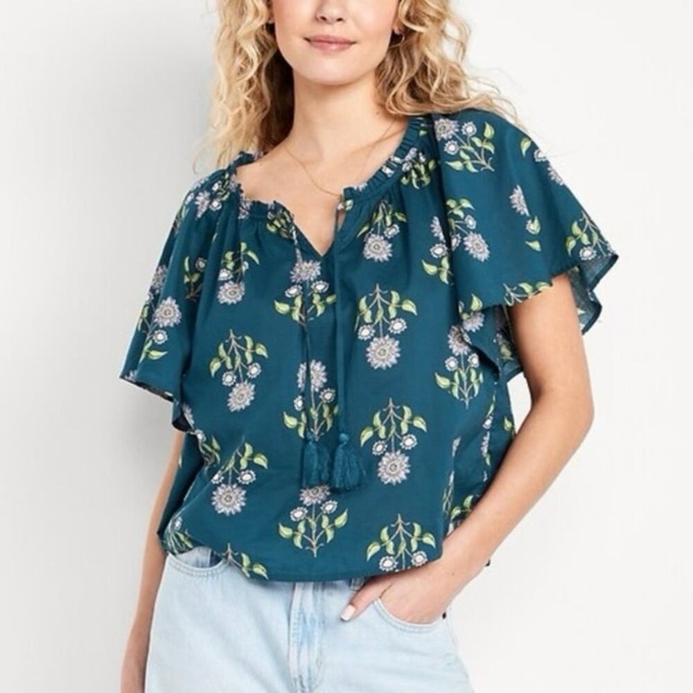 Old Navy Flutter Sleeve Tassel tie Boho Top Teal Floral Cotton Size Medium